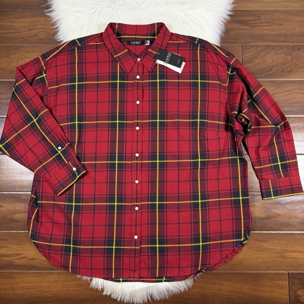 Lauren Ralph Lauren Women's Size 3X Red Plaid Cotton Long Sleeve Button Up Shirt